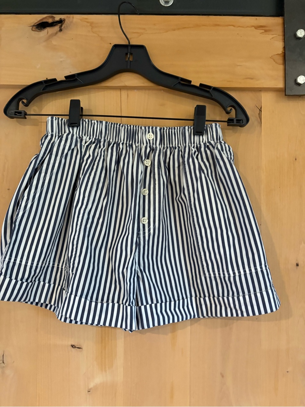 THE GREAT: Striped Navy and White Button-Front Women's Shorts with pockets
